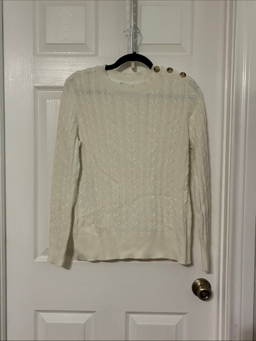 Cream Cable-Knit Crewneck Sweater with Shoulder Buttons